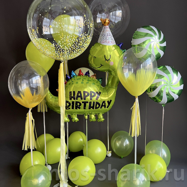 Композиция из шаров с динозавриком Happy Birthday на день рождения